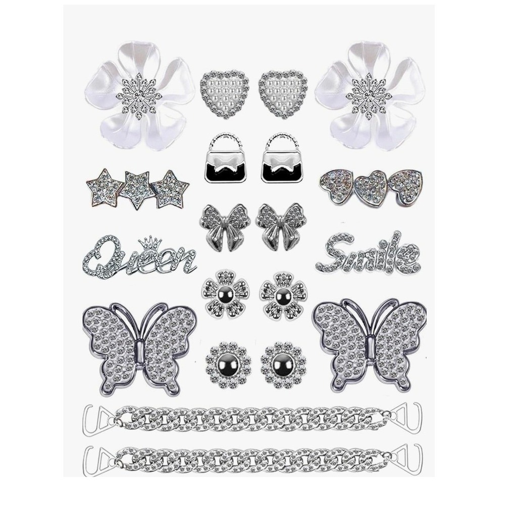 20pc Silver Bling‎ Shoe Charms Designer Butterfly Flower Rhinestone Chains Set